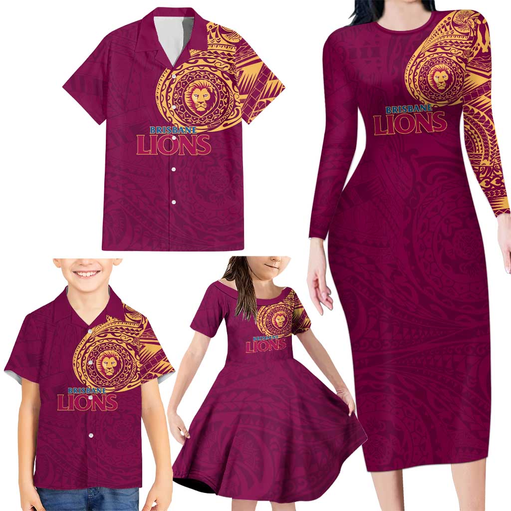 Personalized Brisbane Lions Polynesian Family Matching Long Sleeve Bodycon Dress and Hawaiian Shirt Tribal Chest and Sleeve Tattoo Heritage Warrior