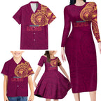Personalized Brisbane Lions Polynesian Family Matching Long Sleeve Bodycon Dress and Hawaiian Shirt Tribal Chest and Sleeve Tattoo Heritage Warrior