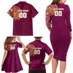 Personalized Brisbane Lions Polynesian Family Matching Long Sleeve Bodycon Dress and Hawaiian Shirt Tribal Chest and Sleeve Tattoo Heritage Warrior
