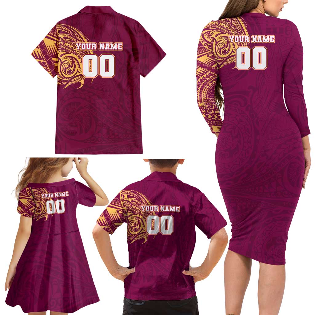Personalized Brisbane Lions Polynesian Family Matching Long Sleeve Bodycon Dress and Hawaiian Shirt Tribal Chest and Sleeve Tattoo Heritage Warrior