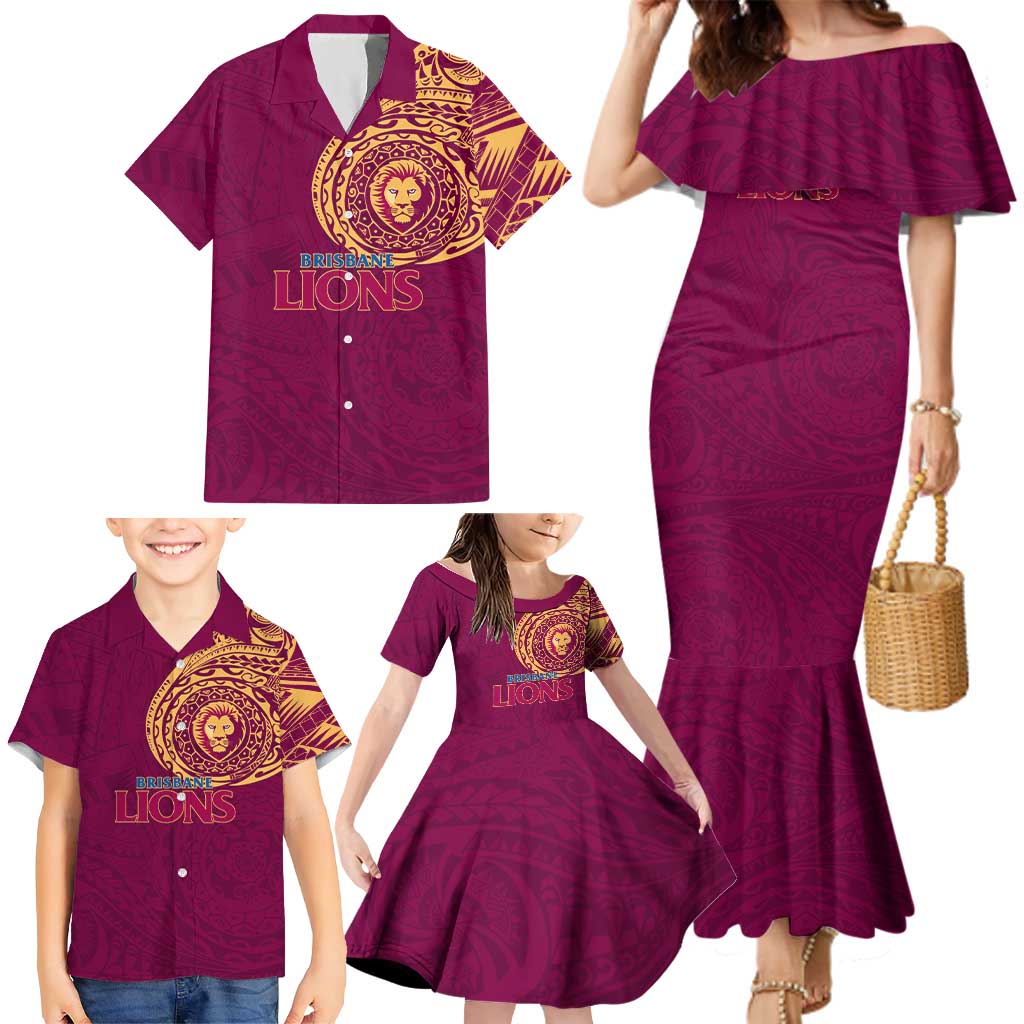 Personalized Brisbane Lions Polynesian Family Matching Mermaid Dress and Hawaiian Shirt Tribal Chest and Sleeve Tattoo Heritage Warrior