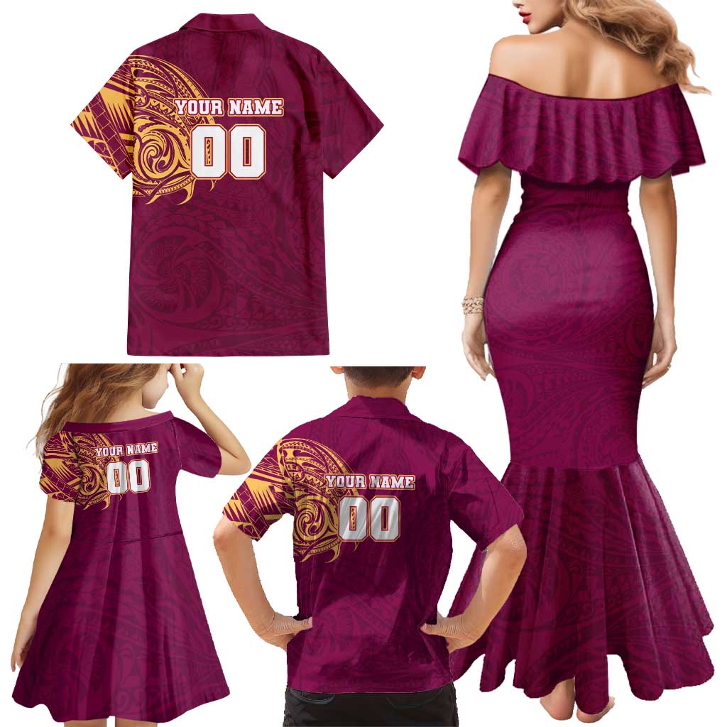 Personalized Brisbane Lions Polynesian Family Matching Mermaid Dress and Hawaiian Shirt Tribal Chest and Sleeve Tattoo Heritage Warrior