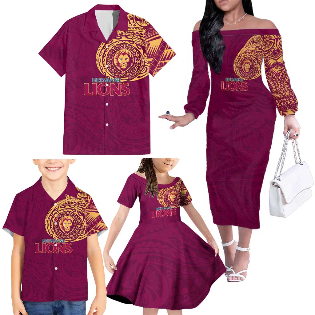 Personalized Brisbane Lions Polynesian Family Matching Off The Shoulder Long Sleeve Dress and Hawaiian Shirt Tribal Chest and Sleeve Tattoo Heritage Warrior