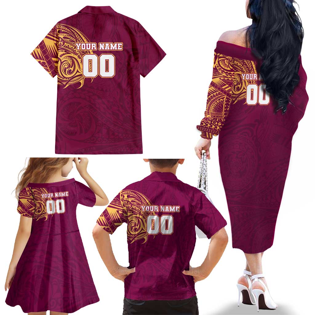 Personalized Brisbane Lions Polynesian Family Matching Off The Shoulder Long Sleeve Dress and Hawaiian Shirt Tribal Chest and Sleeve Tattoo Heritage Warrior