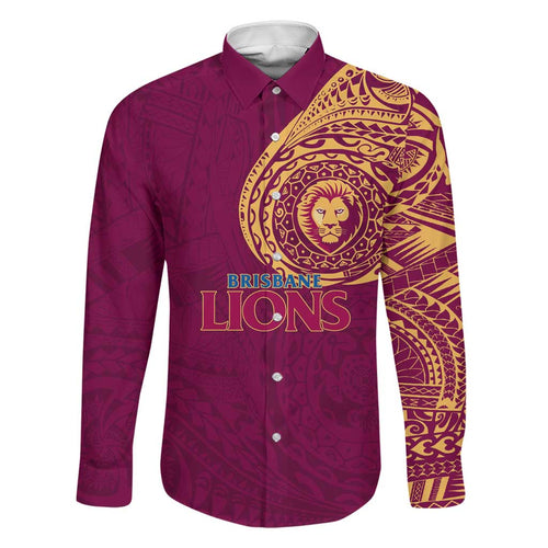 Personalized Brisbane Lions Polynesian Family Matching Off The Shoulder Long Sleeve Dress and Hawaiian Shirt Tribal Chest and Sleeve Tattoo Heritage Warrior