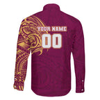 Personalized Brisbane Lions Polynesian Family Matching Off The Shoulder Long Sleeve Dress and Hawaiian Shirt Tribal Chest and Sleeve Tattoo Heritage Warrior