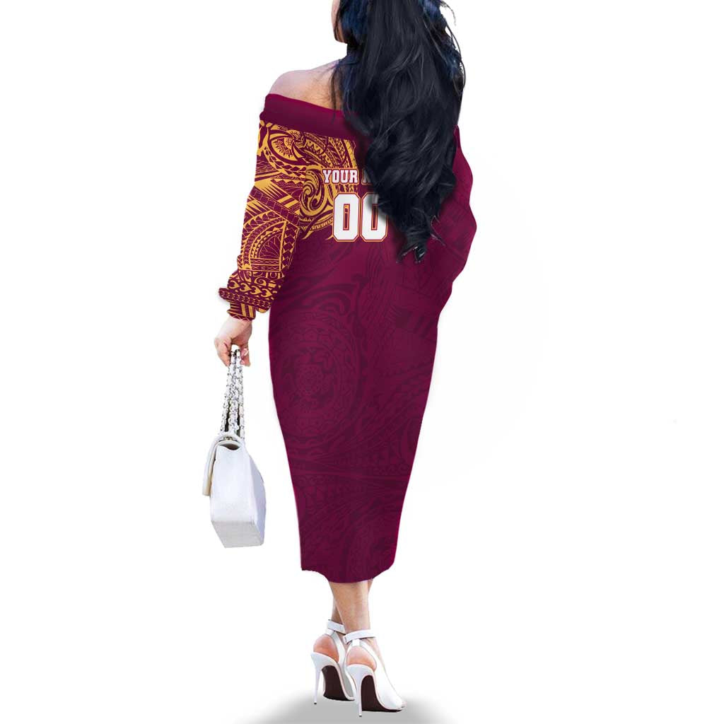 Personalized Brisbane Lions Polynesian Family Matching Off The Shoulder Long Sleeve Dress and Hawaiian Shirt Tribal Chest and Sleeve Tattoo Heritage Warrior