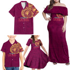 Personalized Brisbane Lions Polynesian Family Matching Off Shoulder Maxi Dress and Hawaiian Shirt Tribal Chest and Sleeve Tattoo Heritage Warrior