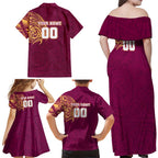 Personalized Brisbane Lions Polynesian Family Matching Off Shoulder Maxi Dress and Hawaiian Shirt Tribal Chest and Sleeve Tattoo Heritage Warrior