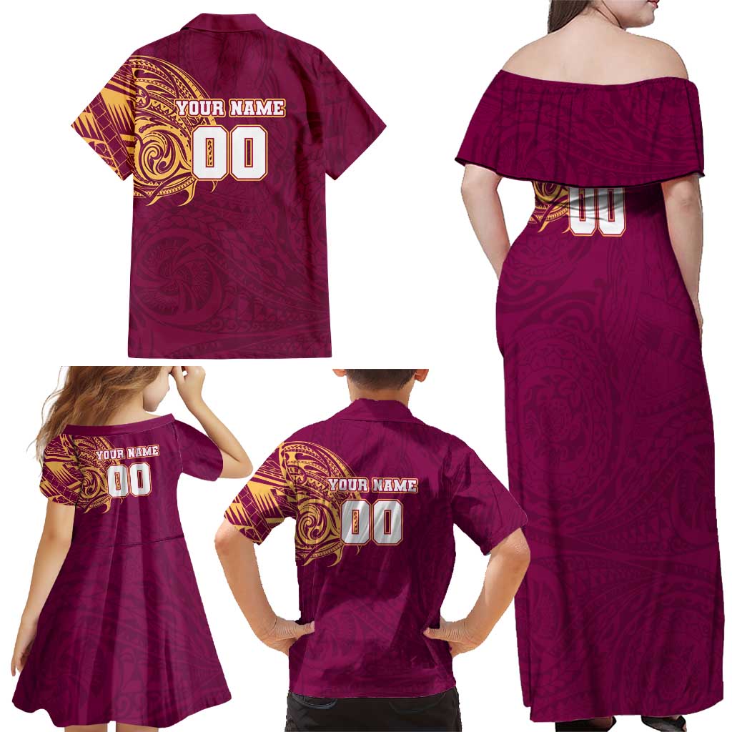 Personalized Brisbane Lions Polynesian Family Matching Off Shoulder Maxi Dress and Hawaiian Shirt Tribal Chest and Sleeve Tattoo Heritage Warrior