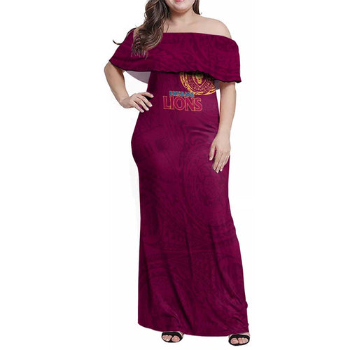 Personalized Brisbane Lions Polynesian Family Matching Off Shoulder Maxi Dress and Hawaiian Shirt Tribal Chest and Sleeve Tattoo Heritage Warrior