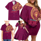 Personalized Brisbane Lions Polynesian Family Matching Off Shoulder Short Dress and Hawaiian Shirt Tribal Chest and Sleeve Tattoo Heritage Warrior