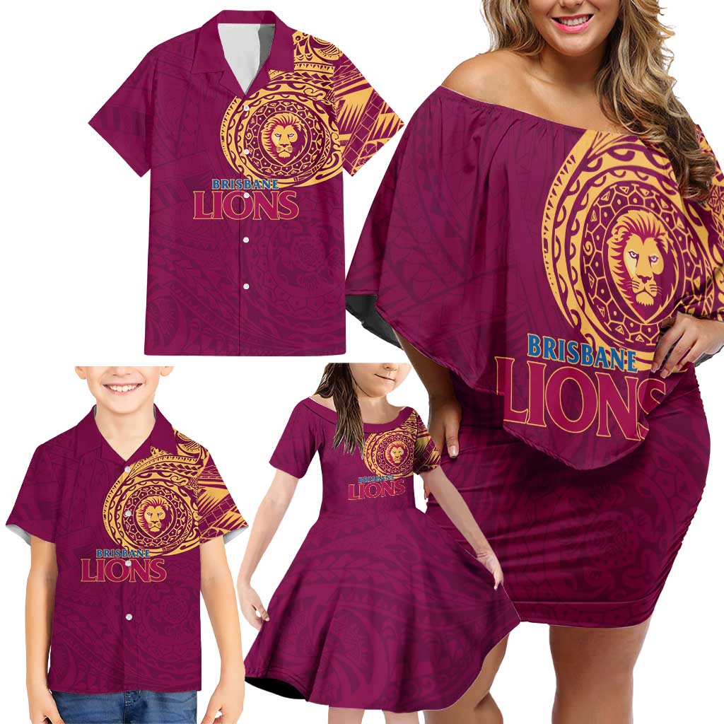 Personalized Brisbane Lions Polynesian Family Matching Off Shoulder Short Dress and Hawaiian Shirt Tribal Chest and Sleeve Tattoo Heritage Warrior