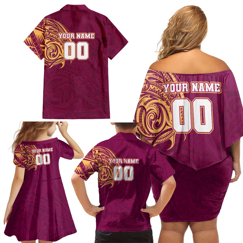 Personalized Brisbane Lions Polynesian Family Matching Off Shoulder Short Dress and Hawaiian Shirt Tribal Chest and Sleeve Tattoo Heritage Warrior
