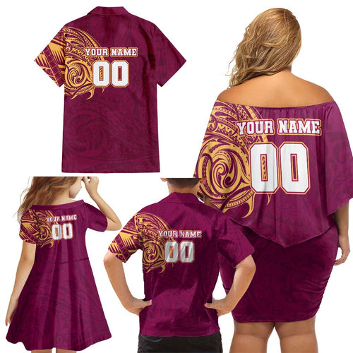 Personalized Brisbane Lions Polynesian Family Matching Off Shoulder Short Dress and Hawaiian Shirt Tribal Chest and Sleeve Tattoo Heritage Warrior