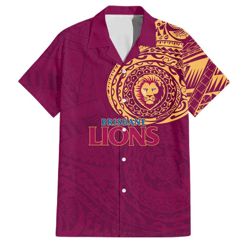 Personalized Brisbane Lions Polynesian Family Matching Off Shoulder Short Dress and Hawaiian Shirt Tribal Chest and Sleeve Tattoo Heritage Warrior