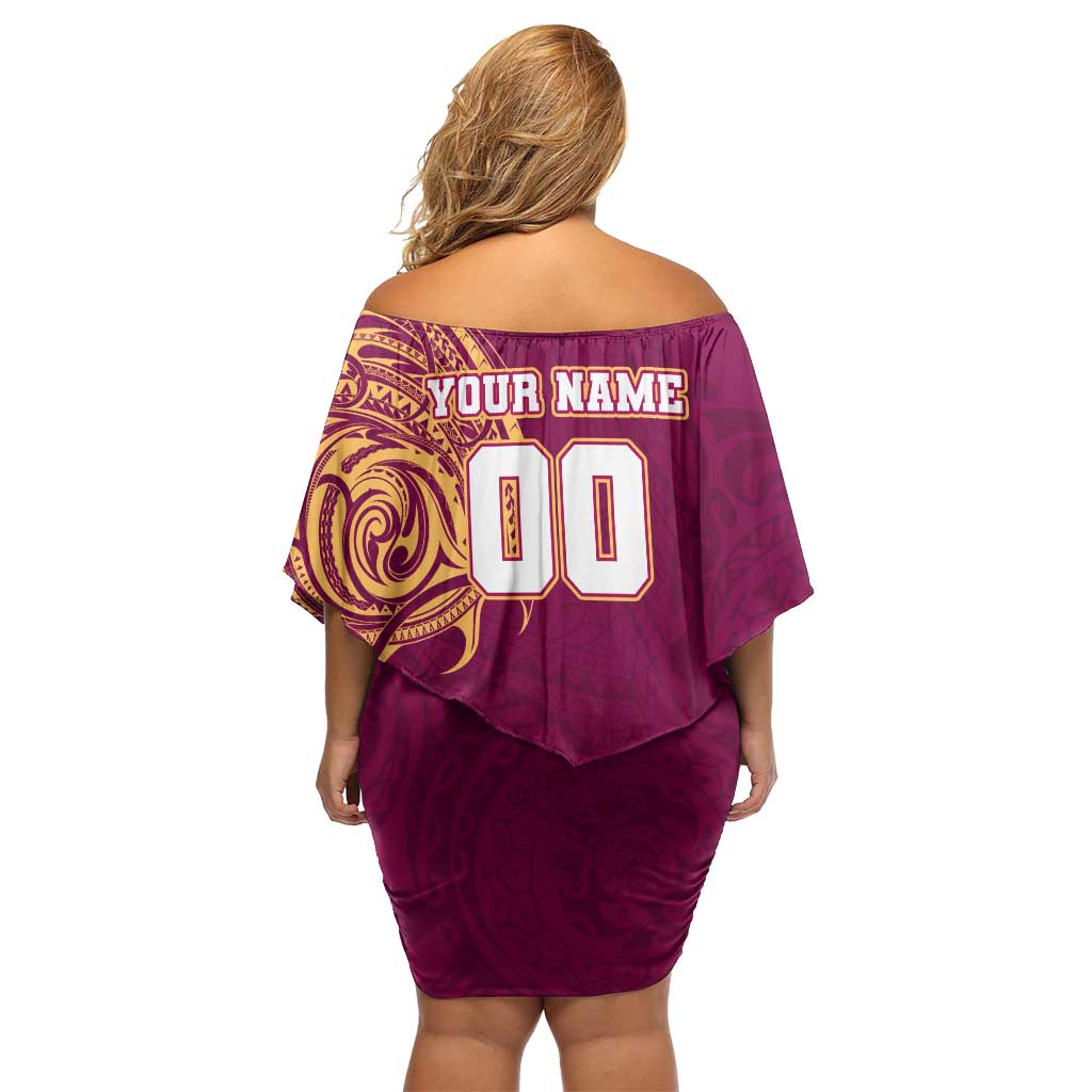 Personalized Brisbane Lions Polynesian Family Matching Off Shoulder Short Dress and Hawaiian Shirt Tribal Chest and Sleeve Tattoo Heritage Warrior