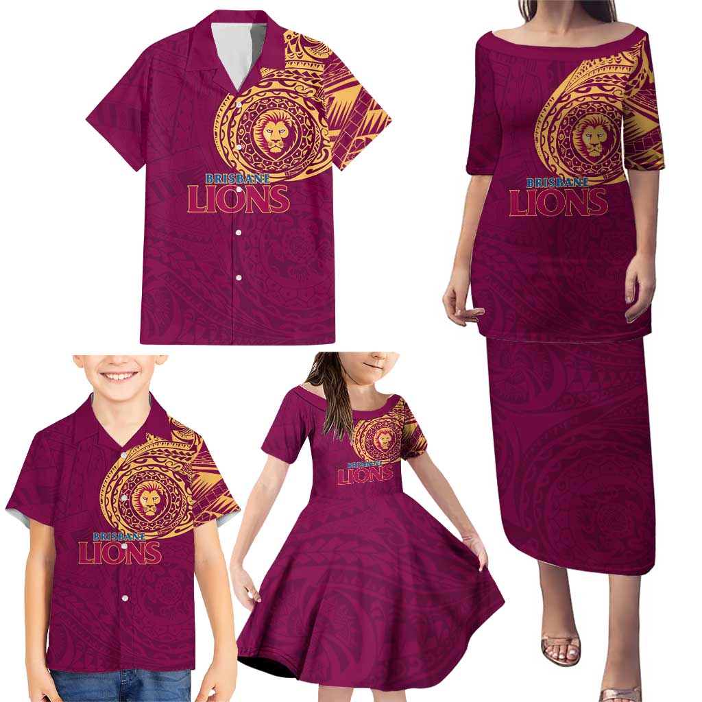 Personalized Brisbane Lions Polynesian Family Matching Puletasi and Hawaiian Shirt Tribal Chest and Sleeve Tattoo Heritage Warrior