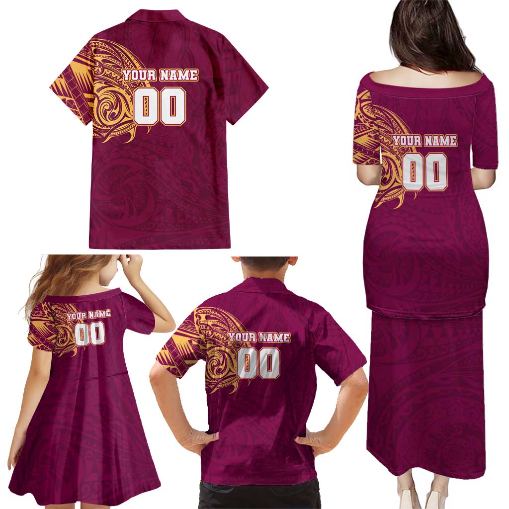 Personalized Brisbane Lions Polynesian Family Matching Puletasi and Hawaiian Shirt Tribal Chest and Sleeve Tattoo Heritage Warrior