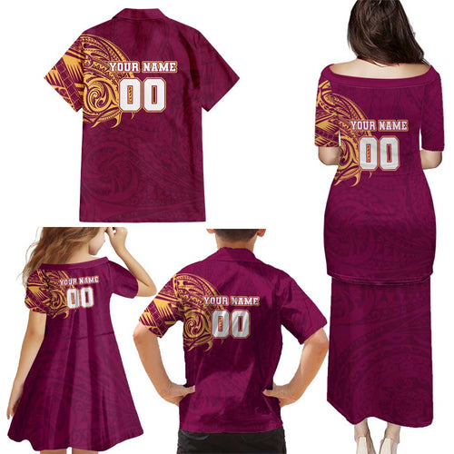 Personalized Brisbane Lions Polynesian Family Matching Puletasi and Hawaiian Shirt Tribal Chest and Sleeve Tattoo Heritage Warrior