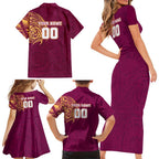 Personalized Brisbane Lions Polynesian Family Matching Short Sleeve Bodycon Dress and Hawaiian Shirt Tribal Chest and Sleeve Tattoo Heritage Warrior
