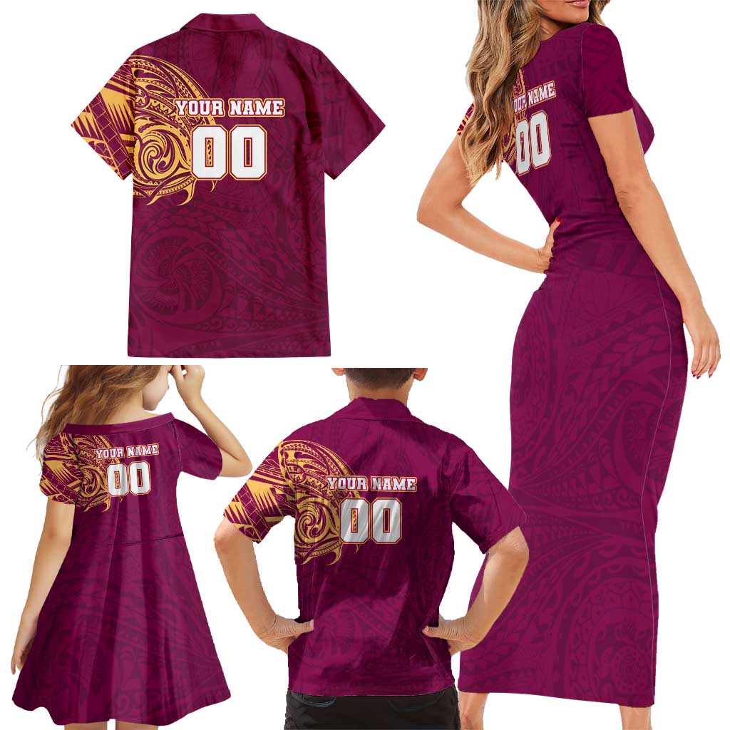Personalized Brisbane Lions Polynesian Family Matching Short Sleeve Bodycon Dress and Hawaiian Shirt Tribal Chest and Sleeve Tattoo Heritage Warrior