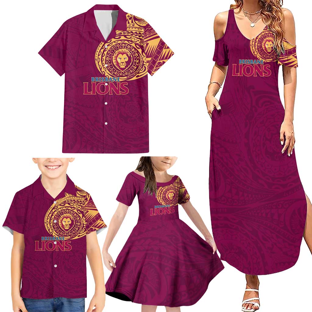 Personalized Brisbane Lions Polynesian Family Matching Summer Maxi Dress and Hawaiian Shirt Tribal Chest and Sleeve Tattoo Heritage Warrior
