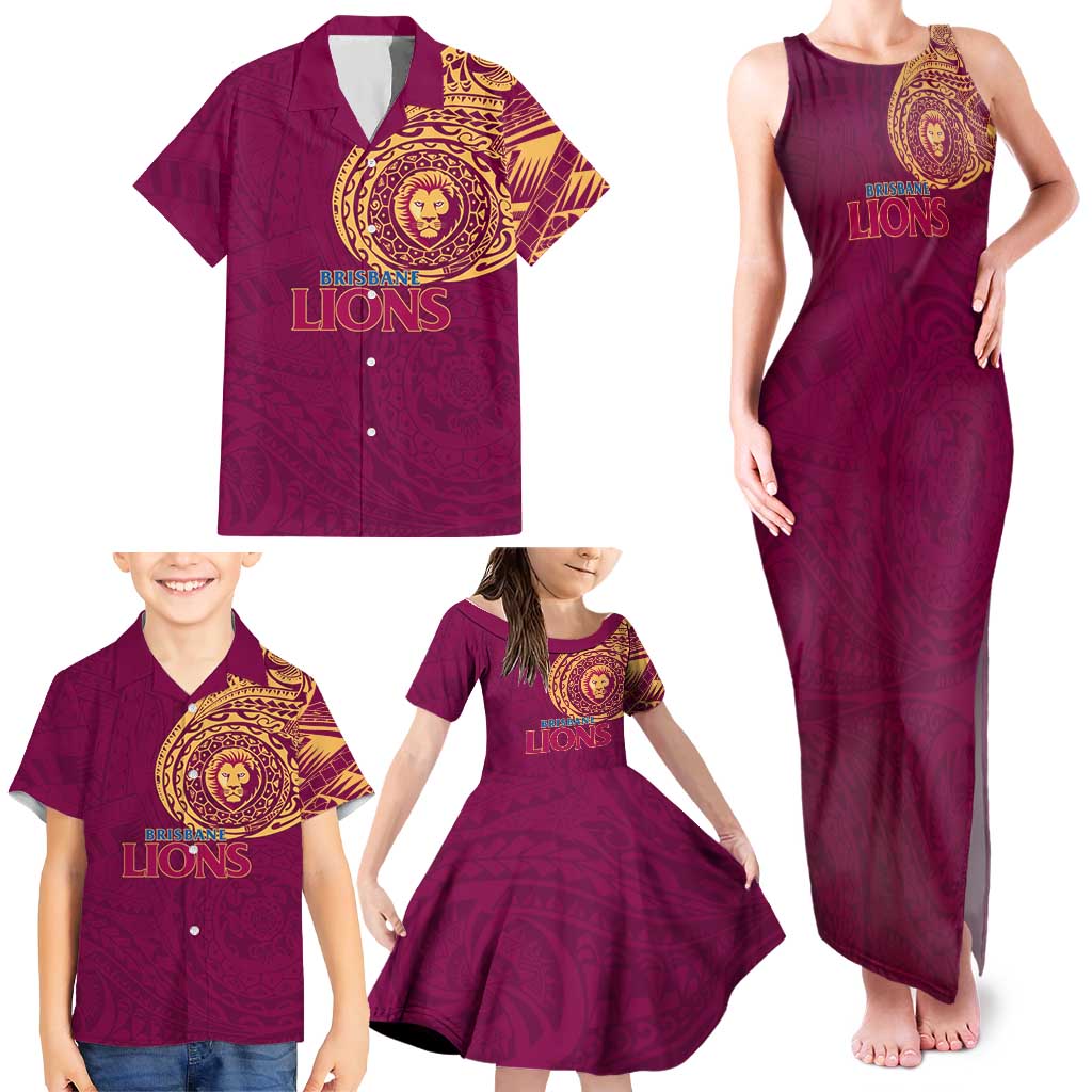 Personalized Brisbane Lions Polynesian Family Matching Tank Maxi Dress and Hawaiian Shirt Tribal Chest and Sleeve Tattoo Heritage Warrior
