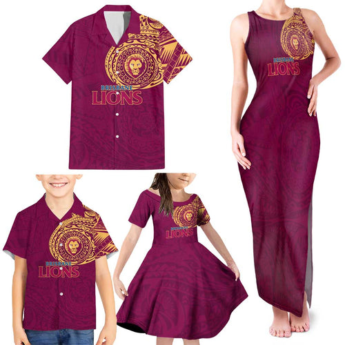 Personalized Brisbane Lions Polynesian Family Matching Tank Maxi Dress and Hawaiian Shirt Tribal Chest and Sleeve Tattoo Heritage Warrior