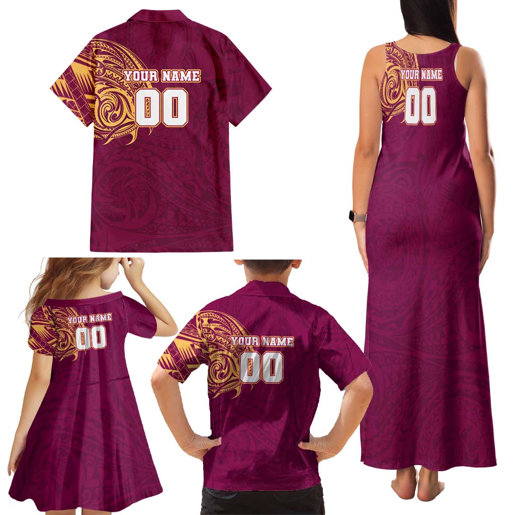 Personalized Brisbane Lions Polynesian Family Matching Tank Maxi Dress and Hawaiian Shirt Tribal Chest and Sleeve Tattoo Heritage Warrior