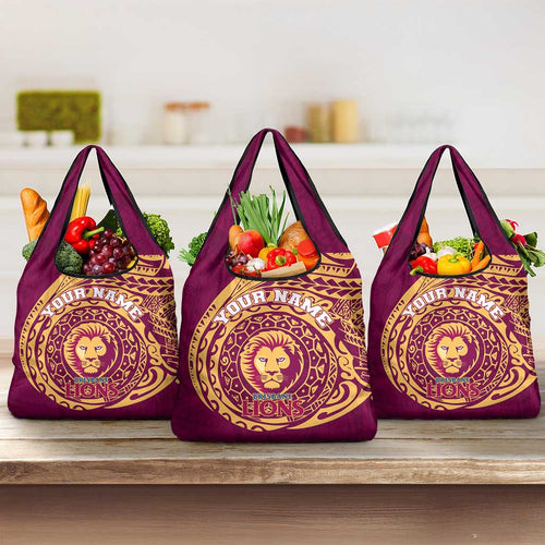 Personalized Brisbane Lions Polynesian Grocery Bag Tribal Chest and Sleeve Tattoo Heritage Warrior