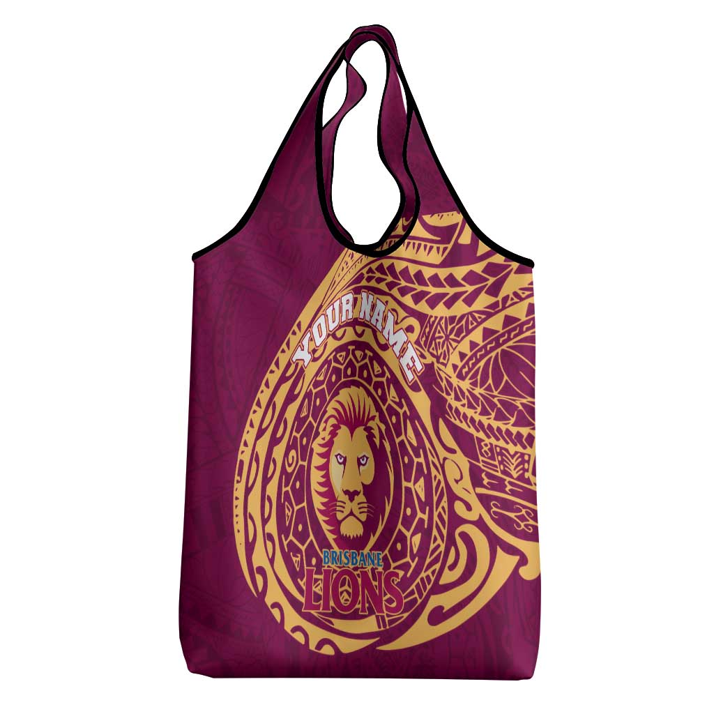 Personalized Brisbane Lions Polynesian Grocery Bag Tribal Chest and Sleeve Tattoo Heritage Warrior