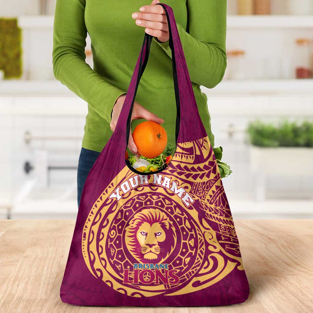 Personalized Brisbane Lions Polynesian Grocery Bag Tribal Chest and Sleeve Tattoo Heritage Warrior