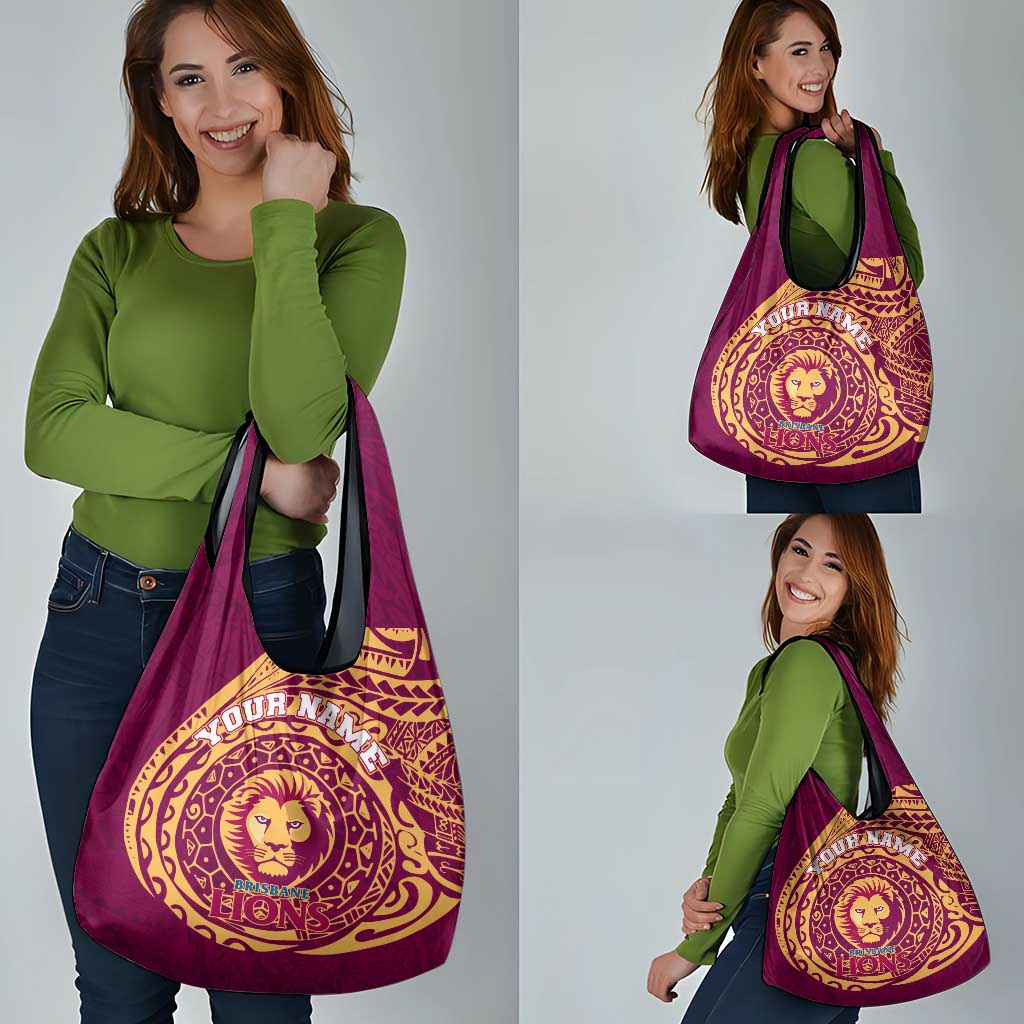 Personalized Brisbane Lions Polynesian Grocery Bag Tribal Chest and Sleeve Tattoo Heritage Warrior