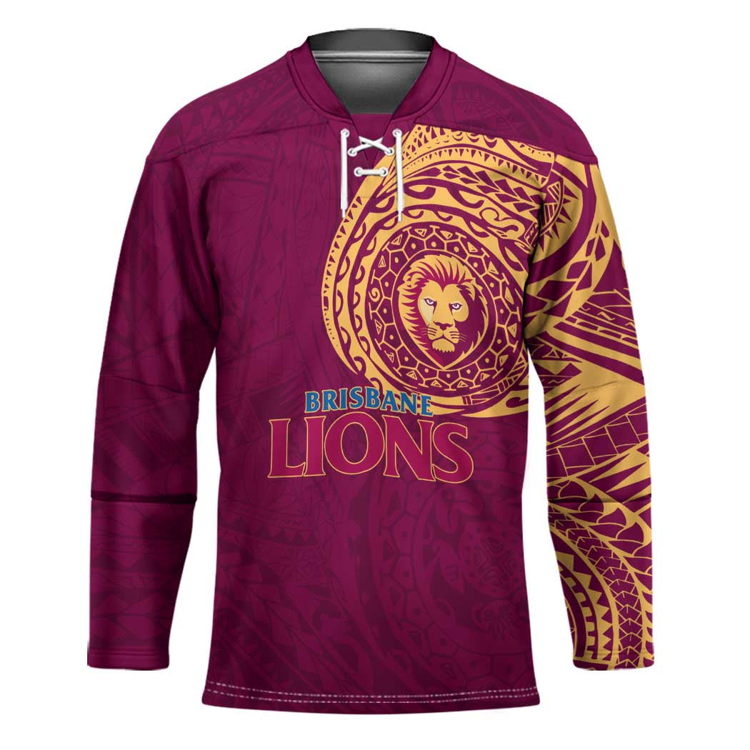 Personalized Brisbane Lions Polynesian Hockey Jersey Tribal Chest and Sleeve Tattoo Heritage Warrior