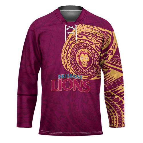 Personalized Brisbane Lions Polynesian Hockey Jersey Tribal Chest and Sleeve Tattoo Heritage Warrior