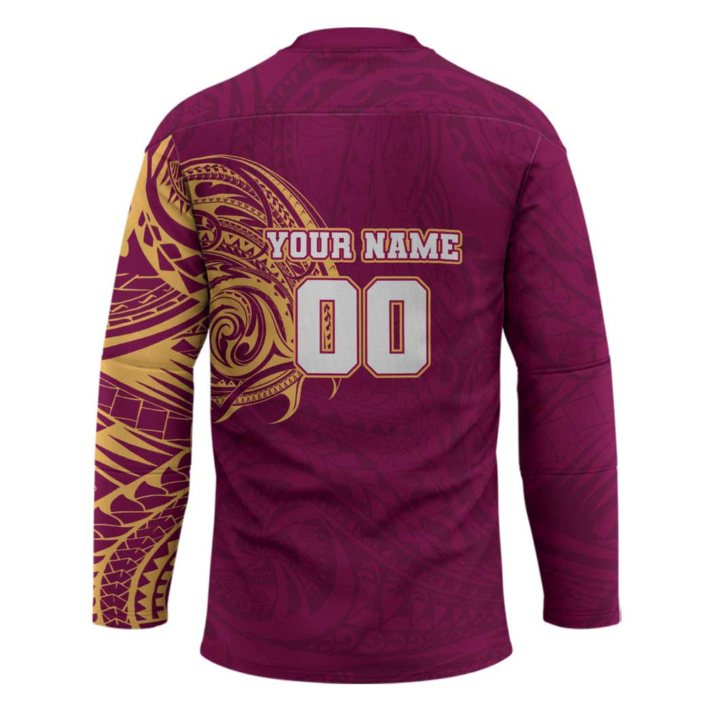 Personalized Brisbane Lions Polynesian Hockey Jersey Tribal Chest and Sleeve Tattoo Heritage Warrior