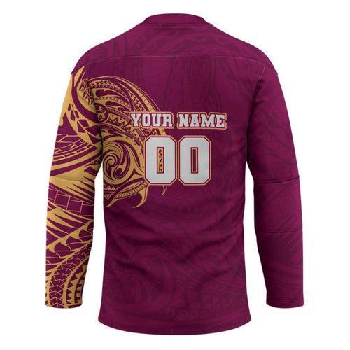 Personalized Brisbane Lions Polynesian Hockey Jersey Tribal Chest and Sleeve Tattoo Heritage Warrior
