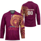 Personalized Brisbane Lions Polynesian Hockey Jersey Tribal Chest and Sleeve Tattoo Heritage Warrior