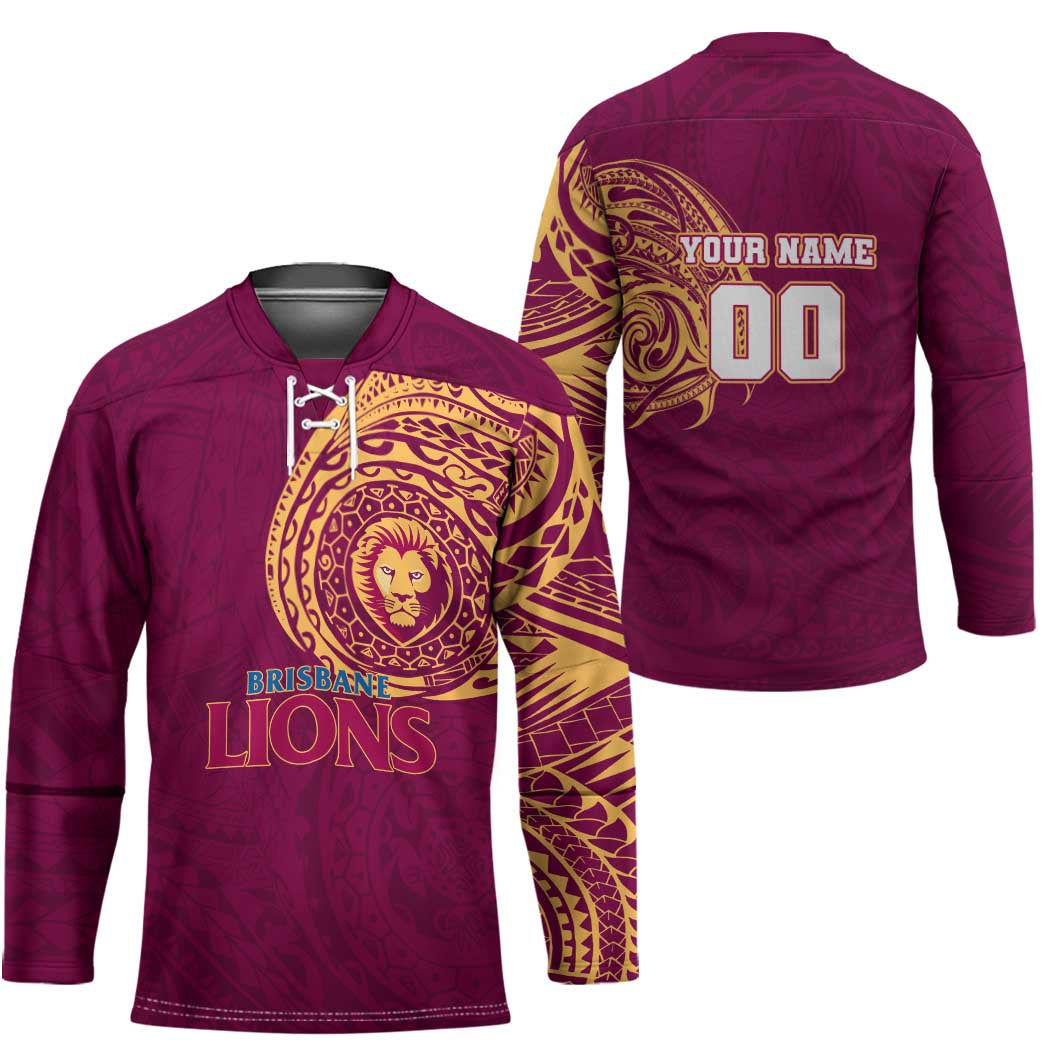 Personalized Brisbane Lions Polynesian Hockey Jersey Tribal Chest and Sleeve Tattoo Heritage Warrior