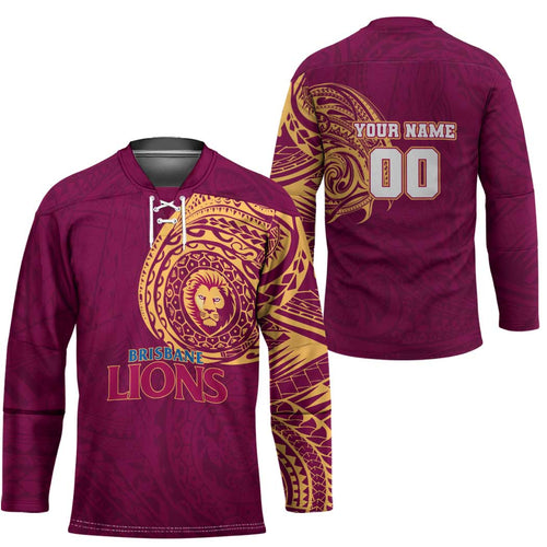 Personalized Brisbane Lions Polynesian Hockey Jersey Tribal Chest and Sleeve Tattoo Heritage Warrior