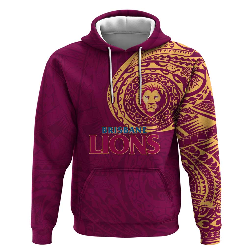 Personalized Brisbane Lions Polynesian Hoodie Tribal Chest and Sleeve Tattoo Heritage Warrior