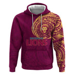 Personalized Brisbane Lions Polynesian Hoodie Tribal Chest and Sleeve Tattoo Heritage Warrior