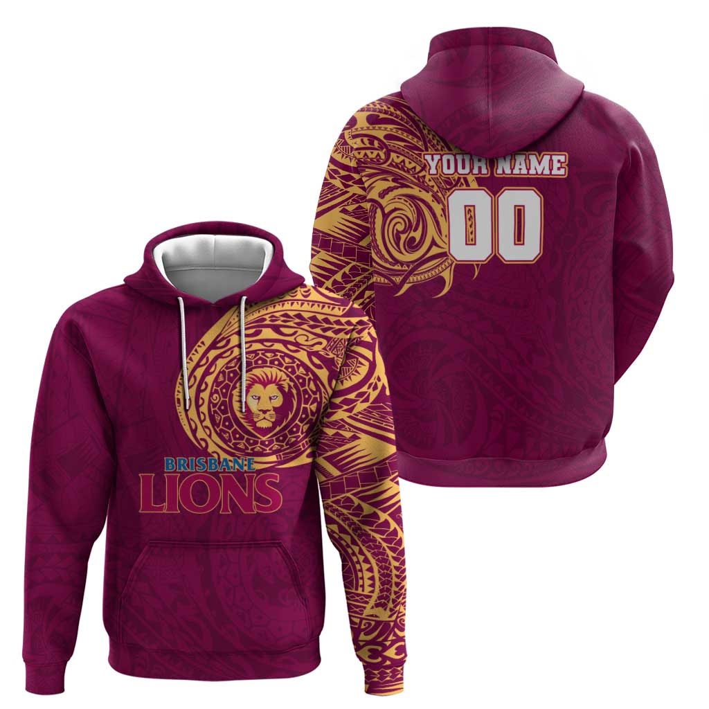 Personalized Brisbane Lions Polynesian Hoodie Tribal Chest and Sleeve Tattoo Heritage Warrior