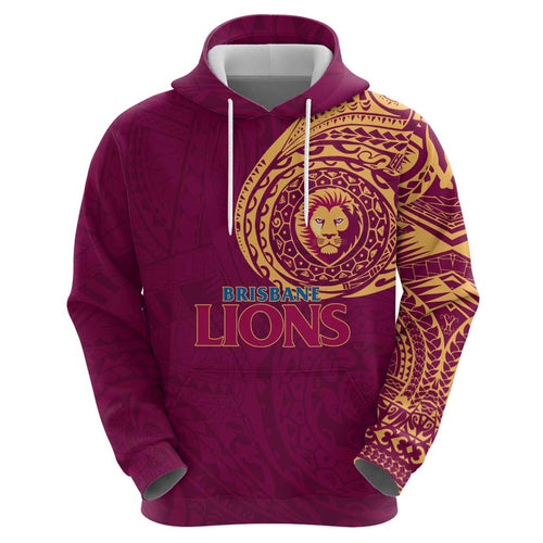 Personalized Brisbane Lions Polynesian Hoodie Tribal Chest and Sleeve Tattoo Heritage Warrior