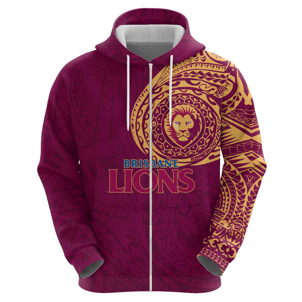 Personalized Brisbane Lions Polynesian Hoodie Tribal Chest and Sleeve Tattoo Heritage Warrior