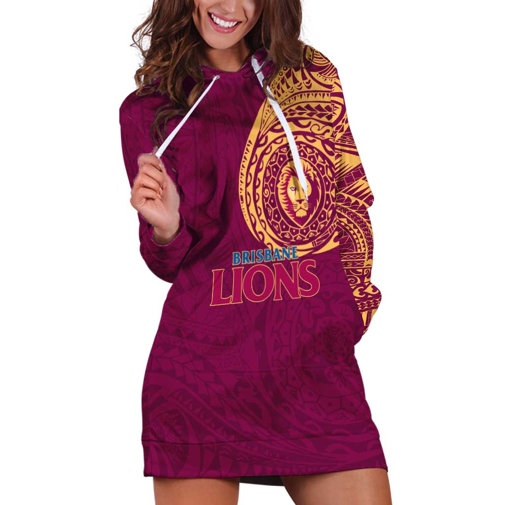 Personalized Brisbane Lions Polynesian Hoodie Dress Tribal Chest and Sleeve Tattoo Heritage Warrior
