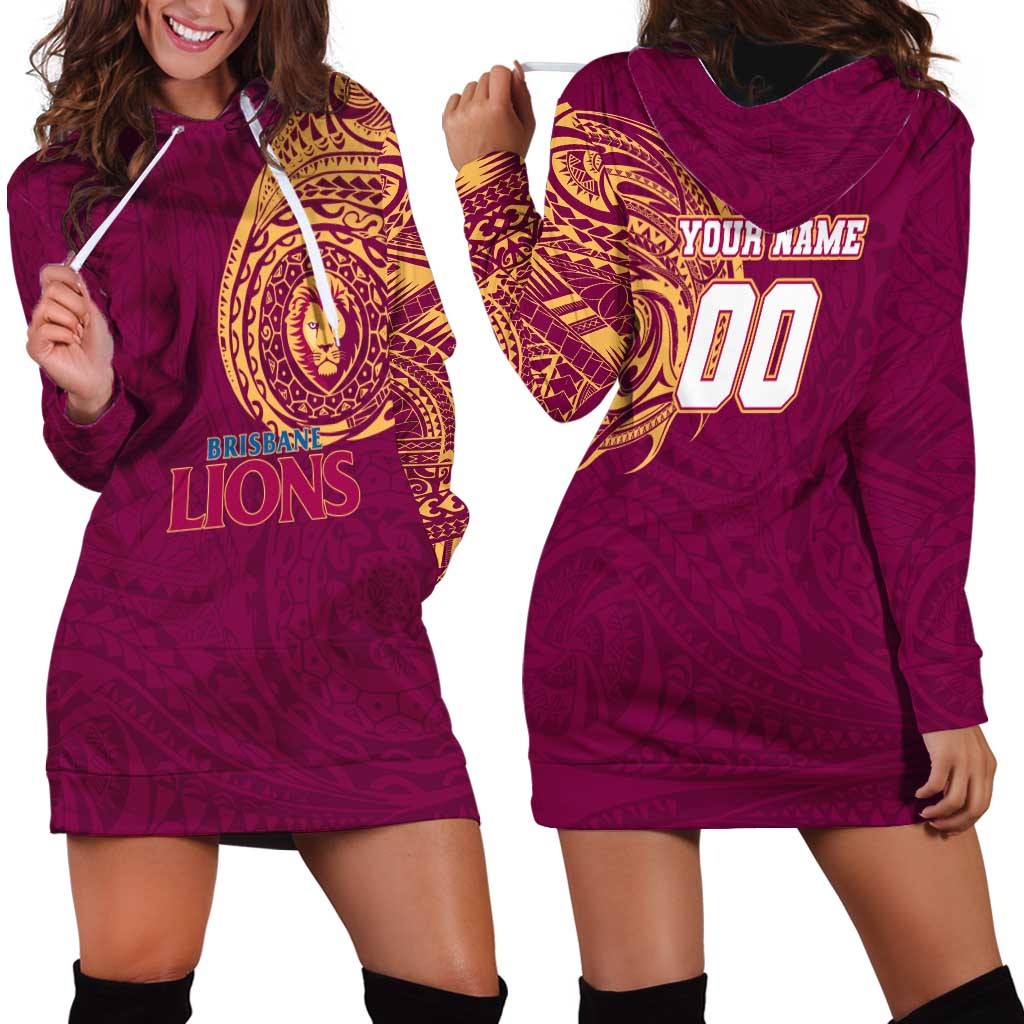 Personalized Brisbane Lions Polynesian Hoodie Dress Tribal Chest and Sleeve Tattoo Heritage Warrior