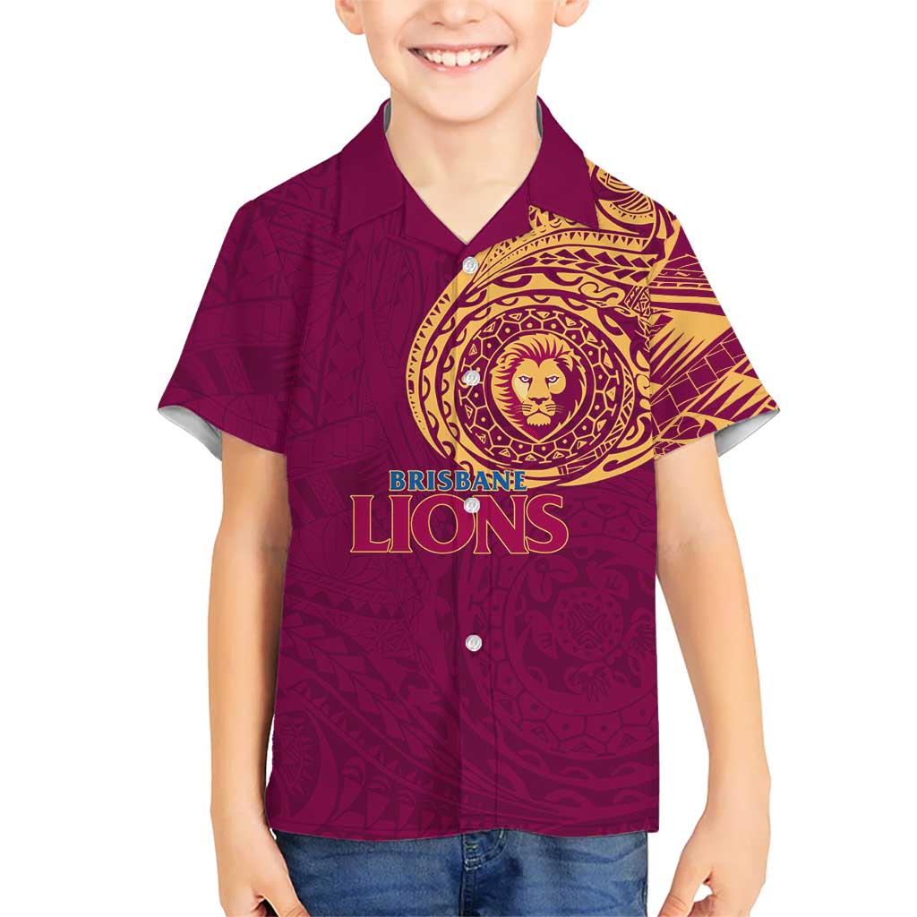 Personalized Brisbane Lions Polynesian Kid Hawaiian Shirt Tribal Chest and Sleeve Tattoo Heritage Warrior