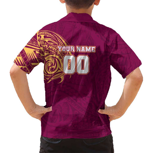 Personalized Brisbane Lions Polynesian Kid Hawaiian Shirt Tribal Chest and Sleeve Tattoo Heritage Warrior